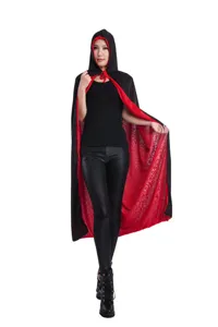 Detail view of the elegant black and red double-layer hooded Halloween costume cloak.