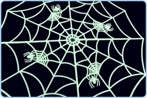 Halloween glow in the dark plastic spider web detail close-up shot for party decoration props.