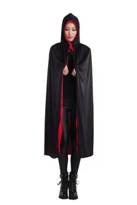 Halloween black and red hooded cloak costume, double layer 1.2m cosplay cape detail view.
