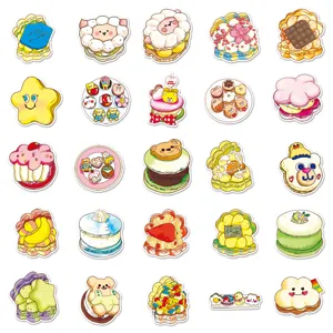Detail view of cute macaron and cartoon cake stickers, perfect for DIY journaling and phone cases.