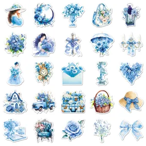 50pcs blue garden watercolor stickers aesthetic floral waterproof decal for water bottle diary
