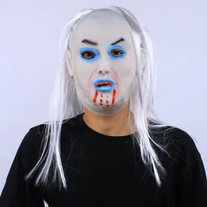 Halloween scary zombie ghost mask with long white hair for horror party costume props.