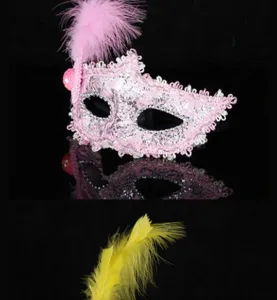 Halloween lace feather masquerade mask pink party costume accessory with extra yellow feather