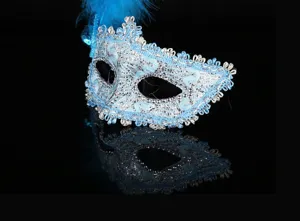 Blue lace masquerade mask detail showcasing exquisite feather trim and shimmering silver accents.