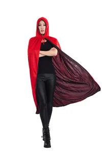 Double layer hooded red black cape costume details, perfect for Halloween cosplay parties.