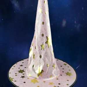 Pink witch hat with gold stars, perfect for Halloween parties, stage performances and cosplay use.