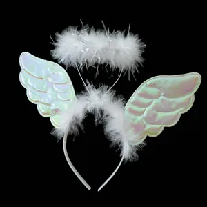 Close-up of white angel wings headband with fluffy feather halo, ideal for party costume.