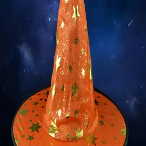 Orange Halloween witch hat with gold stars, knitted fabric party costume stage performance prop.