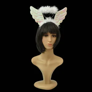 Angel halo headband with white feathers and iridescent wings for Halloween cosplay party