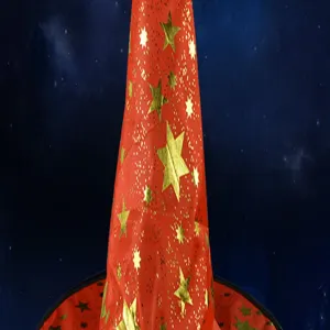 Red witch hat detail shot featuring sparkling gold foil star prints for Halloween parties.