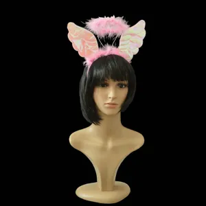 Pink angel wings halo headband for Halloween costume party cute feather hair accessories
