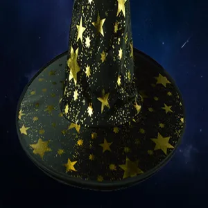 Detailed close-up of the black witch hat featuring shiny gold foil stars for Halloween party.