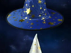 Detailed view of Halloween wizard hats featuring blue and white star printed designs for parties.
