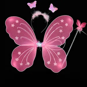 Set ali di fata farfalla rosa per bambini, costume in rete fascia bacchetta feste