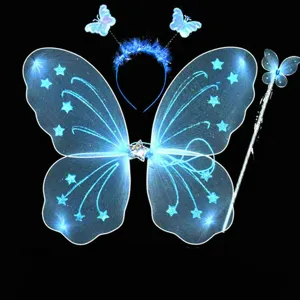 Set costume ali di fata farfalla blu con cerchietto luminoso e bacchetta magica per feste.