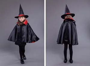 Dettagli del costume da strega per bambini con mantello e cappello, vista frontale e posteriore.