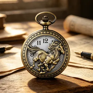 Vintage bronze pocket watch with galloping horse relief, quartz pocket watch necklace retro.