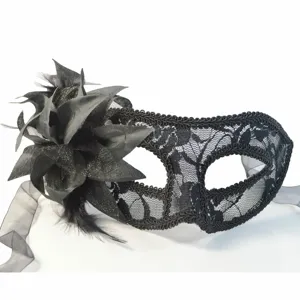 Black lace masquerade mask with fabric lily flower and elegant feather detail for party.