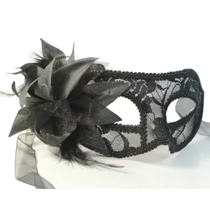 Black lace masquerade mask detail view, elegant fabric flower and feather party accessory.