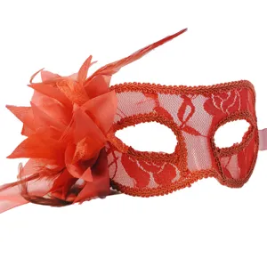 Red lace masquerade mask with floral and feather accent for Halloween party costumes.