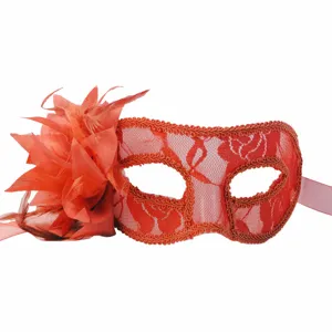 Women Masquerade Mask Vintage Lace Lily Flower Eye Mask With Feather Decor Halloween Party Costume Accessory