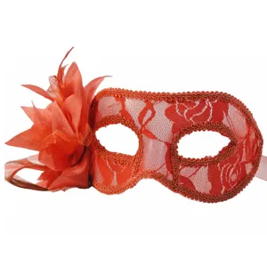Red lace masquerade mask with large flower and feather detail for party costume events.
