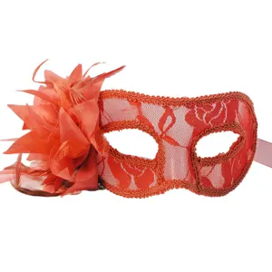 Red lace masquerade mask with elegant flower and feather detail for Halloween party wear.
