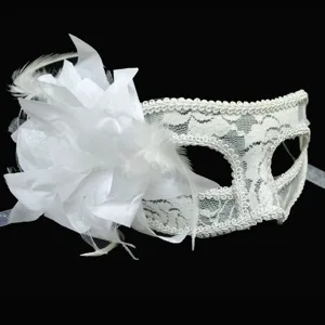 White lace masquerade mask with flower feather for Halloween party costume ball accessories.