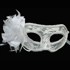 White lace masquerade mask detail, elegant feather and flower side decoration for party.