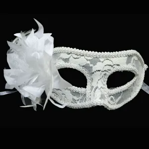 Detailed shot of white lace masquerade mask with feather and flower decor for party.
