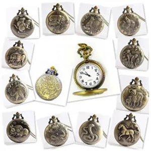 Bronze Chinese Zodiac Pocket Watch Necklace Vintage Quartz Pocket Watch with Chain Details.