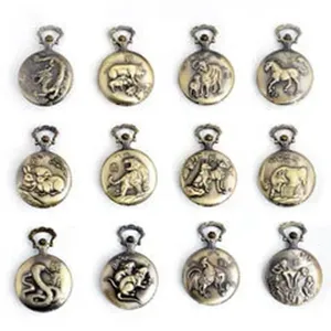 Λεπτομερής προβολή 12 vintage χάλκινων ρολογιών τσέπης με ανάγλυφα σχέδια ζωδίου.