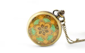 Vintage bronze pocket watch necklace with colorful epoxy flower design and sparkling rhinestones.