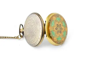 Vintage bronze pocket watch with colorful epoxy floral pattern and chain for women necklace.