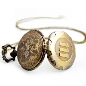 Vintage Bronze Quartz Pocket Watch with Chain Classic Engraved 111 Design for Men Holiday Gifts