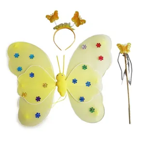 Kinderen vlinder vleugels kostuum set, elfje verkleedkleding met haarband en toverstaf voor feest.