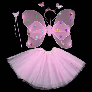 Roze vlinder fee kostuum 4-delige set met vleugels haarband toverstaf tutu rok voor kinderen.