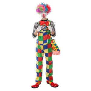 Ensemble de costume de clown de cirque adulte avec perruque colorée, masque et salopette.