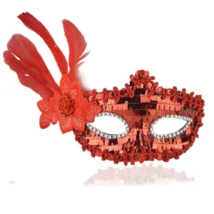 Red feather masquerade mask with sequins and embroidery for party Halloween cosplay