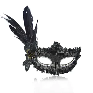 Black feather masquerade mask with sparkling sequins and lace embroidery for party events.