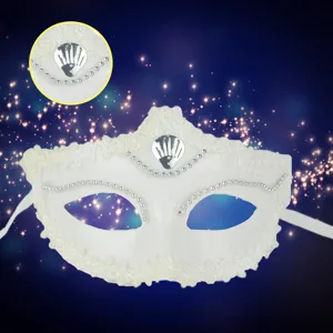Elegant white masquerade mask with lace and pearl beads for Halloween party.
