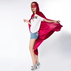 Red velvet hooded cloak detail view, perfect for Halloween costume party wear and cosplay events.