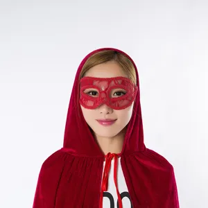 Red velvet hooded cape and lace mask set for Halloween party costume cosplay event.