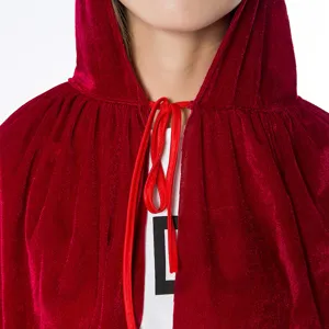 Red velvet hooded cloak detail showing collar and tie design, perfect for cosplay costumes.
