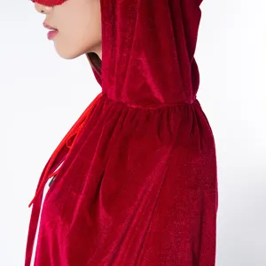 Red hooded velvet cloak for Halloween party cosplay, soft fabric costume cape dress up.