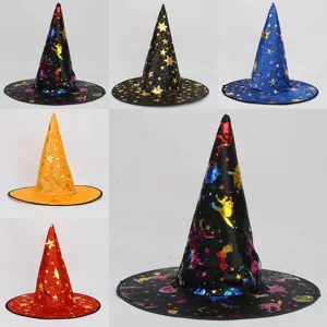Halloween Witch Wizard Hat Gold Stamping Stars Pumpkin Patterns Costume Masquerade Party Props Bar Decoration Hat For Adults Kids