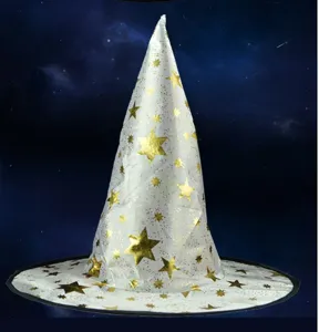 Halloween white wizard hat with gold star prints, perfect for costume party cosplay decoration.