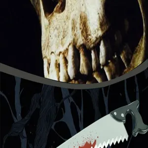 Halloween head piercing saw prop detail showing realistic bloody toy blade and skull design.