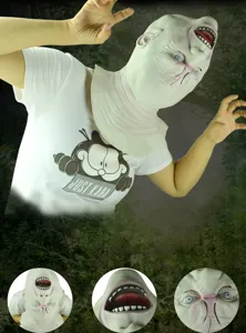 Nahaufnahme zeigt die Textur der gruseligen Latexmaske mit verkehrtem Gesicht, gruselig.