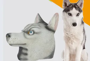 Husky animal mask for Halloween costume party, realistic latex dog headwear for cosplay.